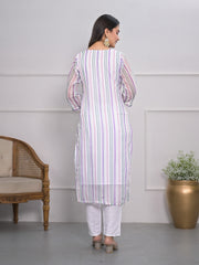 Neck Embroidered Georgette Kurta With Pants & Dupatta