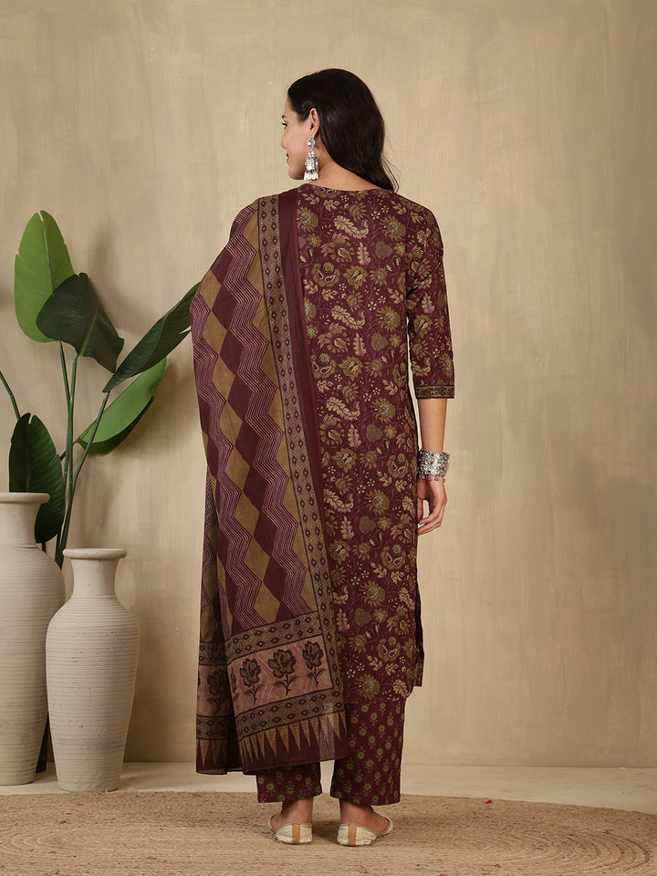 Printed Cotton Blend Suit With Pant &amp; Dupatta