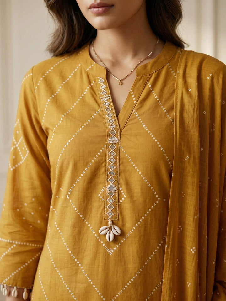 Mustard Embroidered Cotton Blend Straight V Neck Suit Set