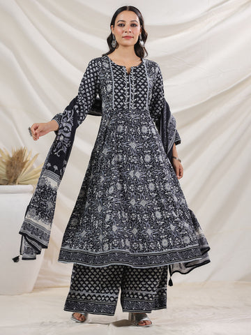 Floral Printed Cotton Blend Kurta With Palazzo & Dupatta