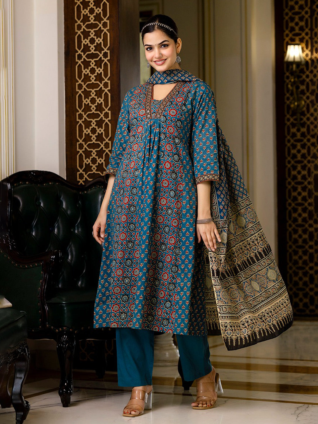Printed Cotton Blend Kurta With Pants & Dupatta