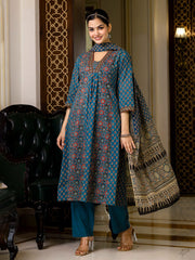 Printed Cotton Blend Kurta With Pants & Dupatta