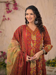 Printed Cotton Kurta With Pant & Dupatta