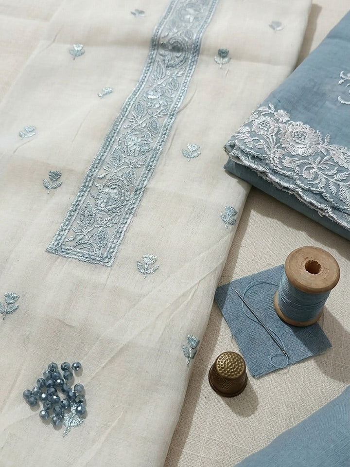 Embroidered Chanderi Unstitched Suit With Pant &amp; Dupatta