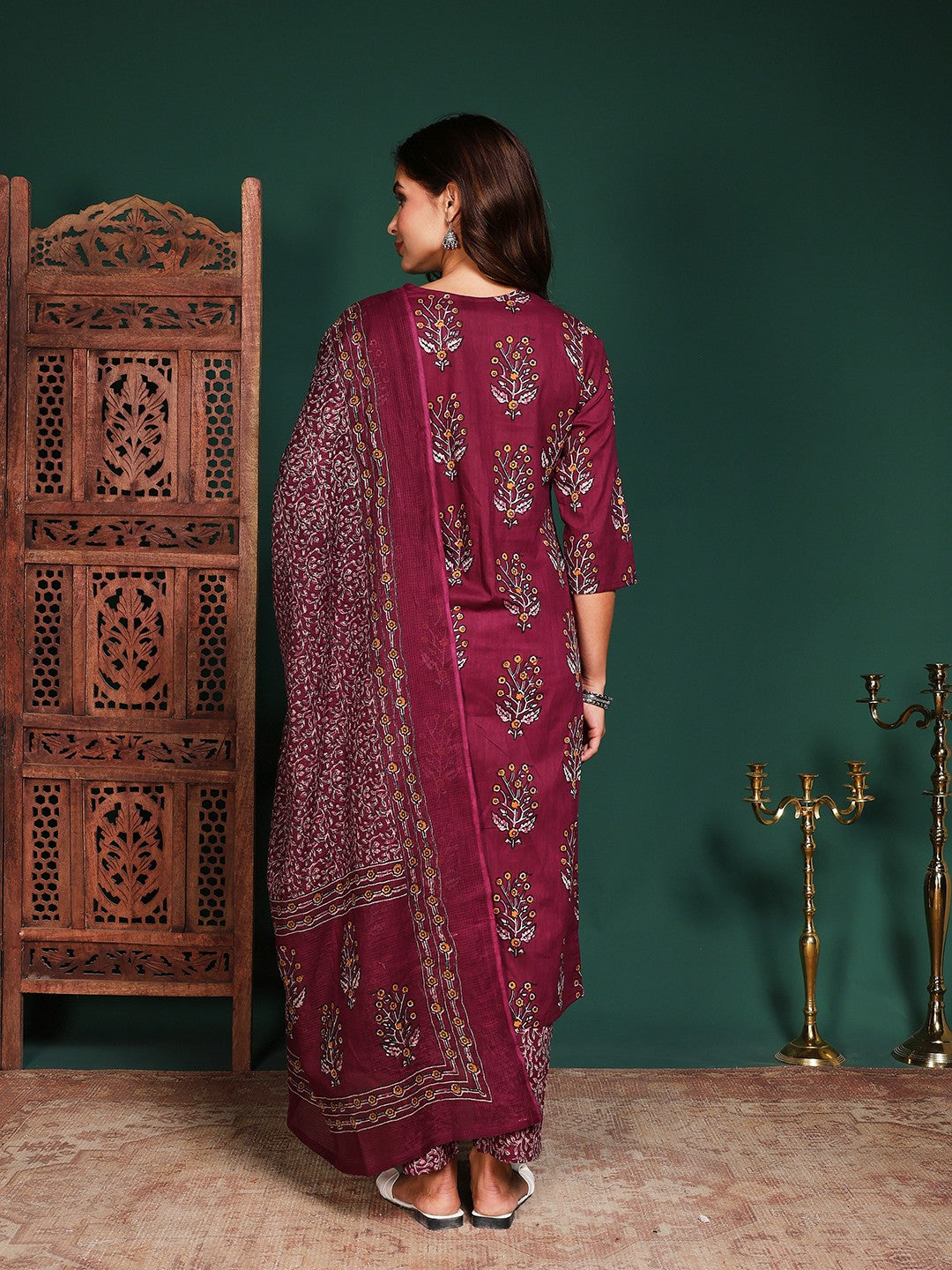 Floral Printed Cotton Blend Kurta With Pant &amp; Dupatta