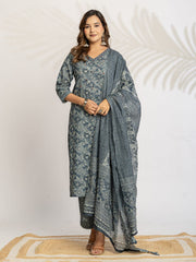 Embroidered Cotton Blend Kurta With Pant & Dupatta