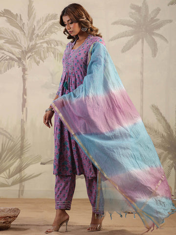 Digital Floral Printed Cotton Blend Kurta With Pants & Dupatta