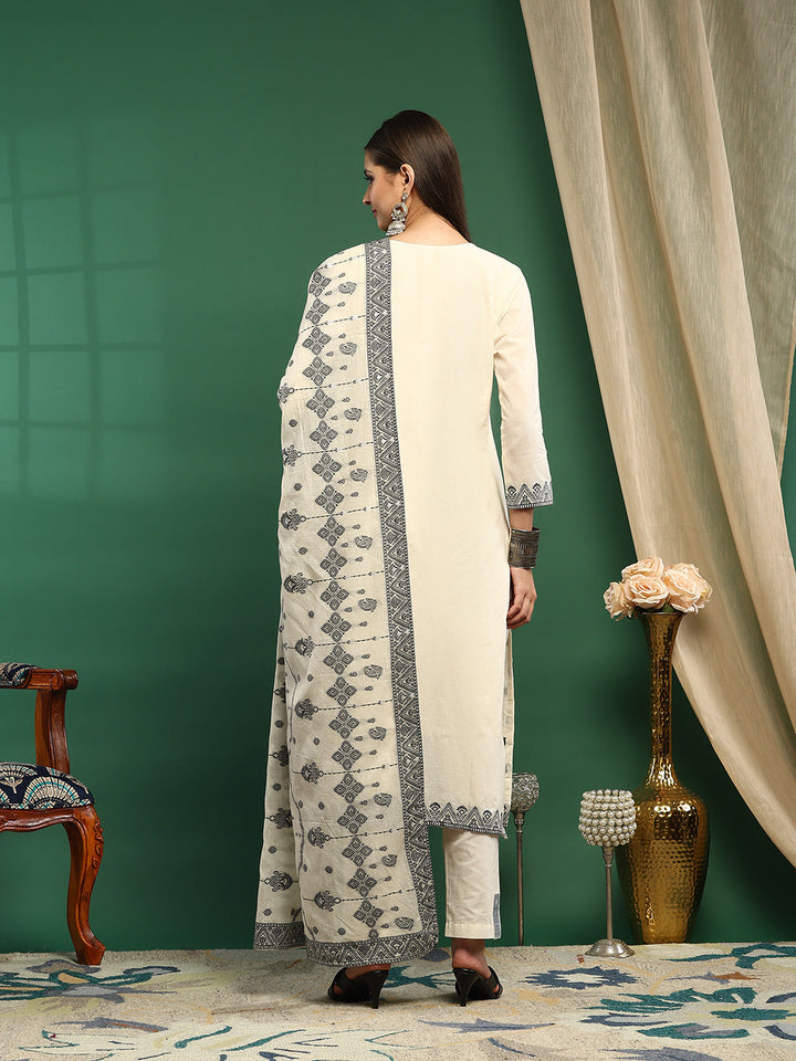 Printed Cotton Blend Kurta With Pant &amp; Dupatta