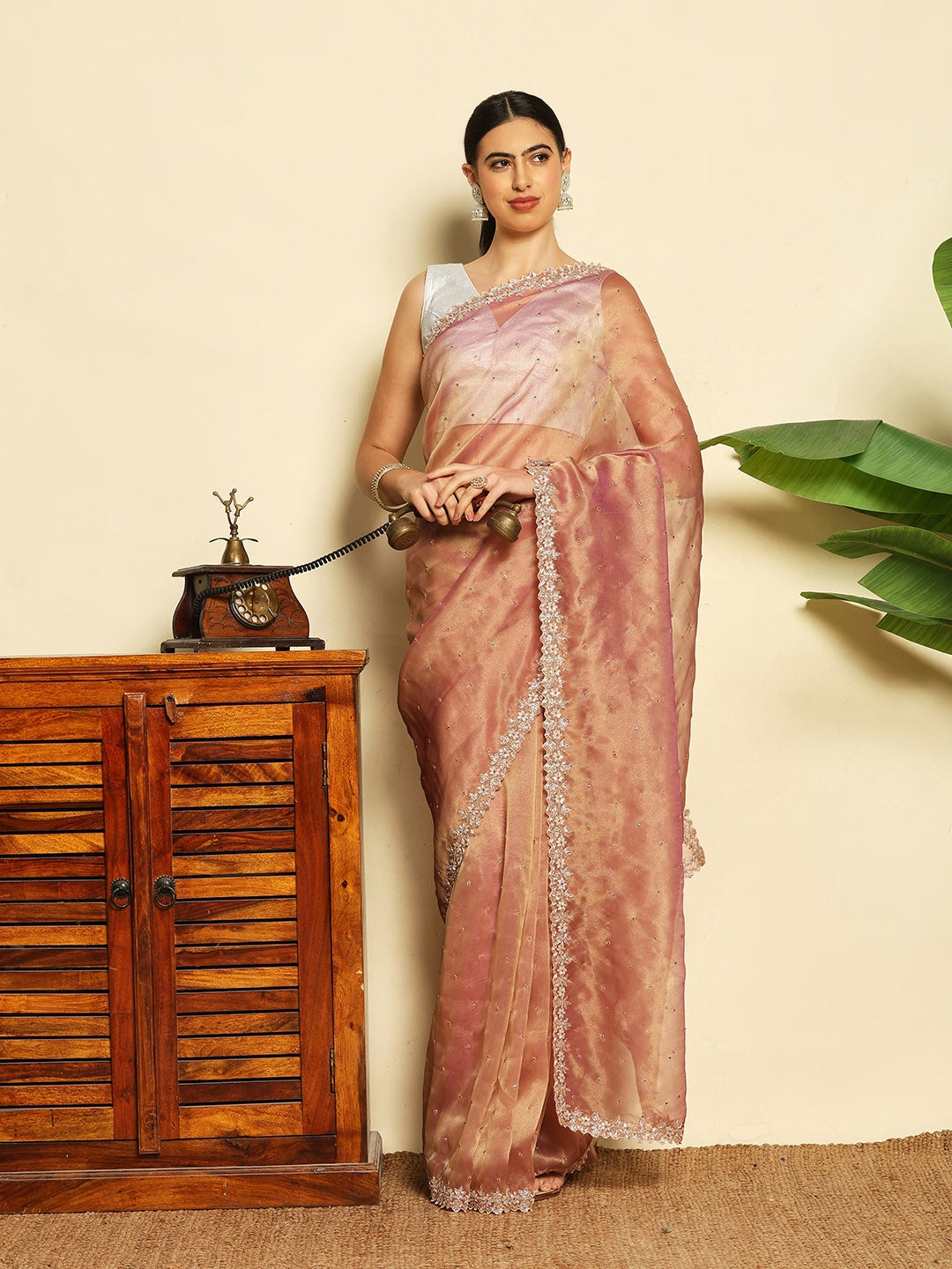 Cut Work &amp; Stone Embellished Tissue Saree