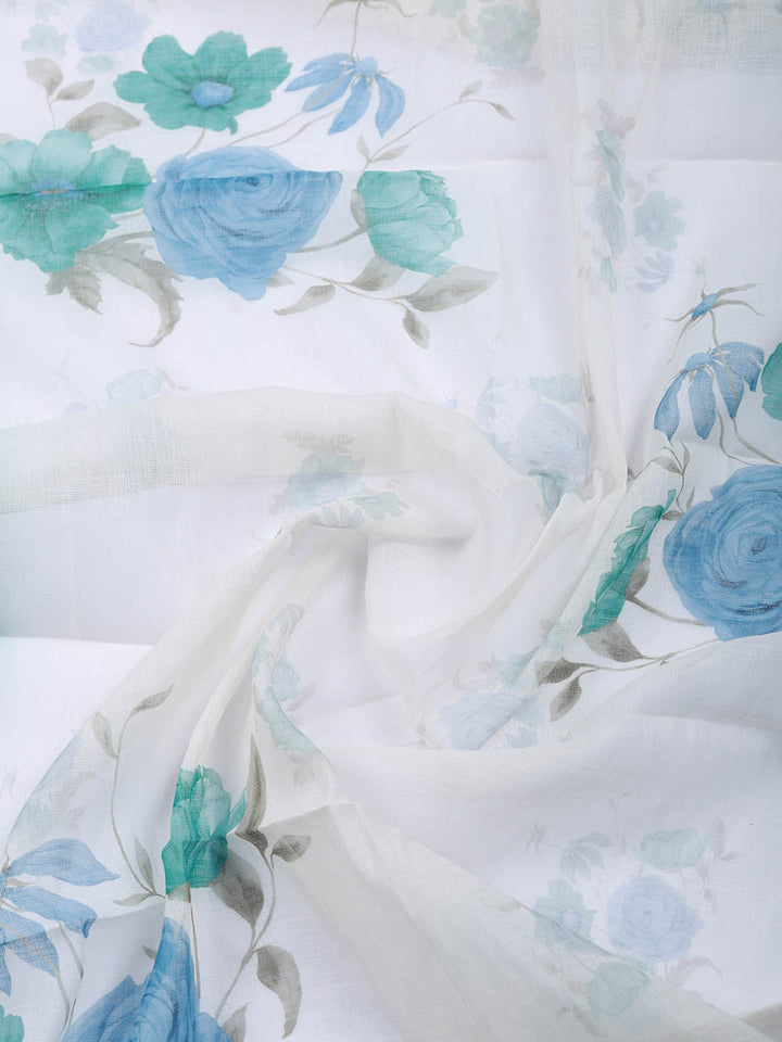 Printed Linen Blend Unstitched Suit With Pant &amp; Dupatta