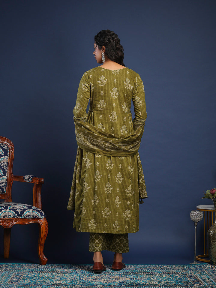 Mehndi Cotton Blend Printed Straight Suit Set