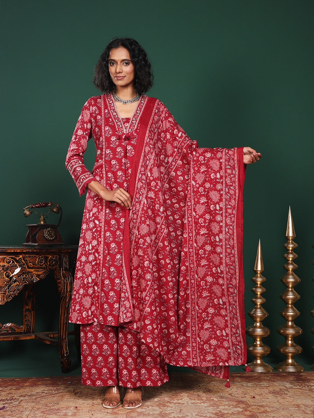 Maroon Cotton Blend Printed Straight Suit Set