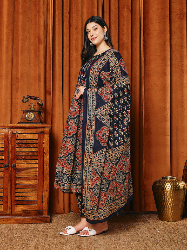 Printed Cotton Blend Kurta With Pants &amp; Dupatta