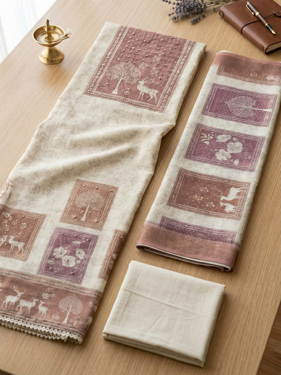 Printed Linen Blend Unstitched Suit With Pant &amp; Dupatta