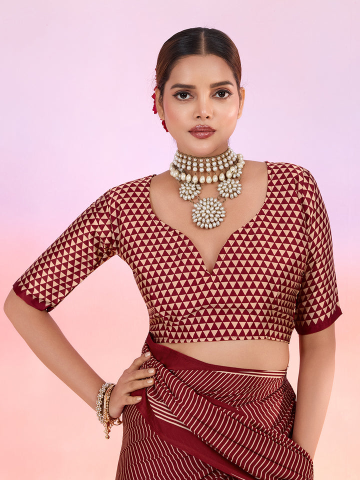 Maroon Printed Satin Saree