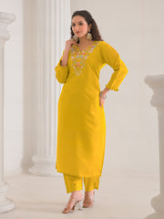 Neck Embroidery Cotton Blend Kurta With Pants & Dupatta