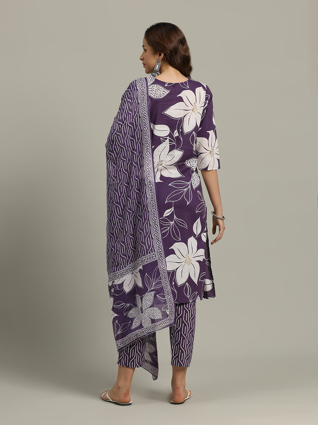 Floral Printed Cotton Blend Kurta With Pants &amp; Dupatta