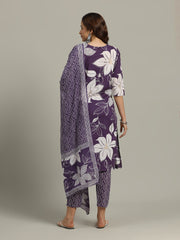 Floral Printed Cotton Blend Kurta With Pants & Dupatta