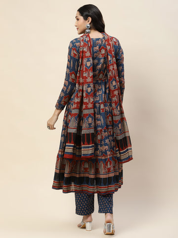 Floral Printed Anarkali Kurta With Pants & Dupatta