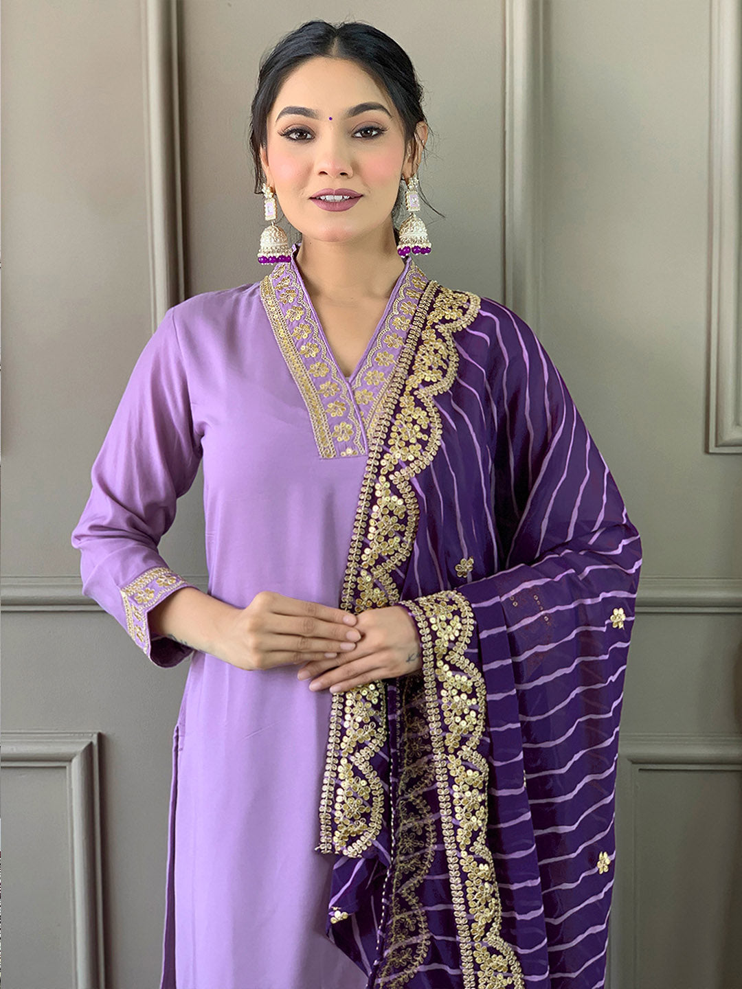 Resham Embroidered Cotton Blend Kurta With Pant & Dupatta