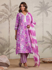 Floral Printed Cotton Blend Kurta With Pants & Dupatta