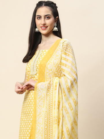 Neck Patti Printed Cotton Unstitched Suit Piece With Dupatta