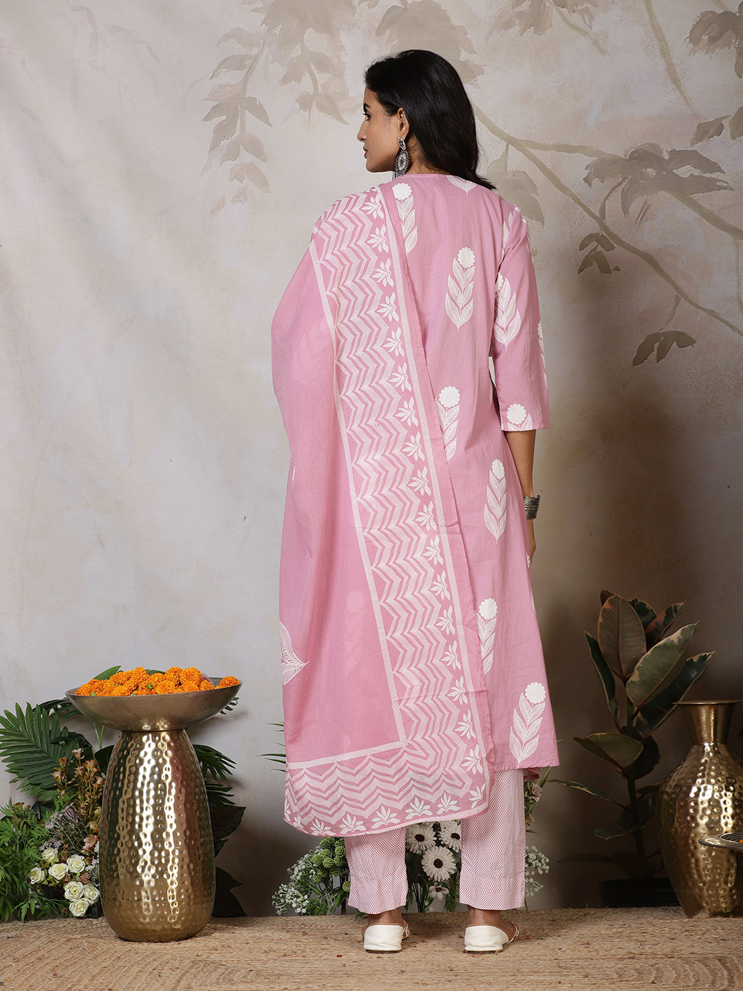 Printed Cotton Blend Kurta With Pants & Dupatta