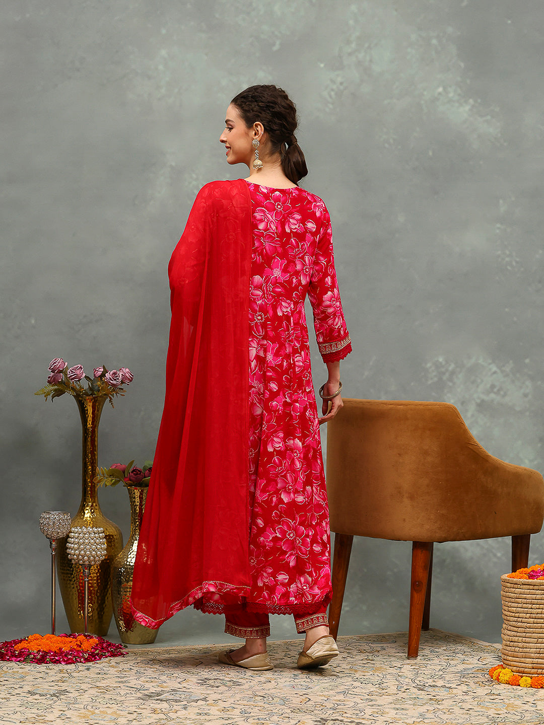 Embroidered Cotton Kurta With Pants &amp; Dupatta