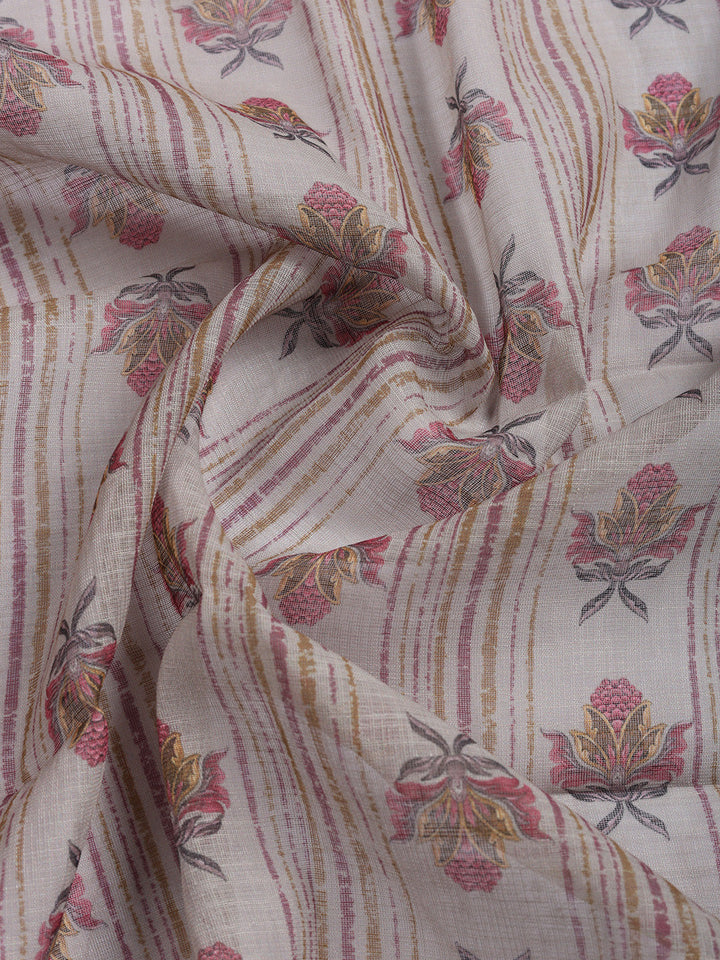 Printed Linen Blend Unstitched Suit With Pant &amp; Dupatta