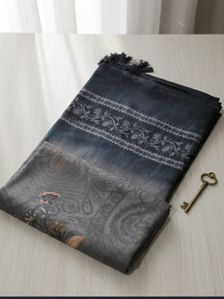 Printed Chanderi Unstitched Suit With Pant &amp; Dupatta