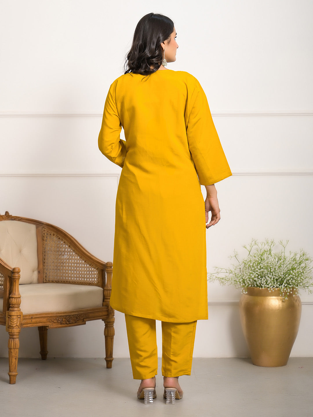 Neck Embroidered Muslin Kurta With Pants &amp; Dupatta