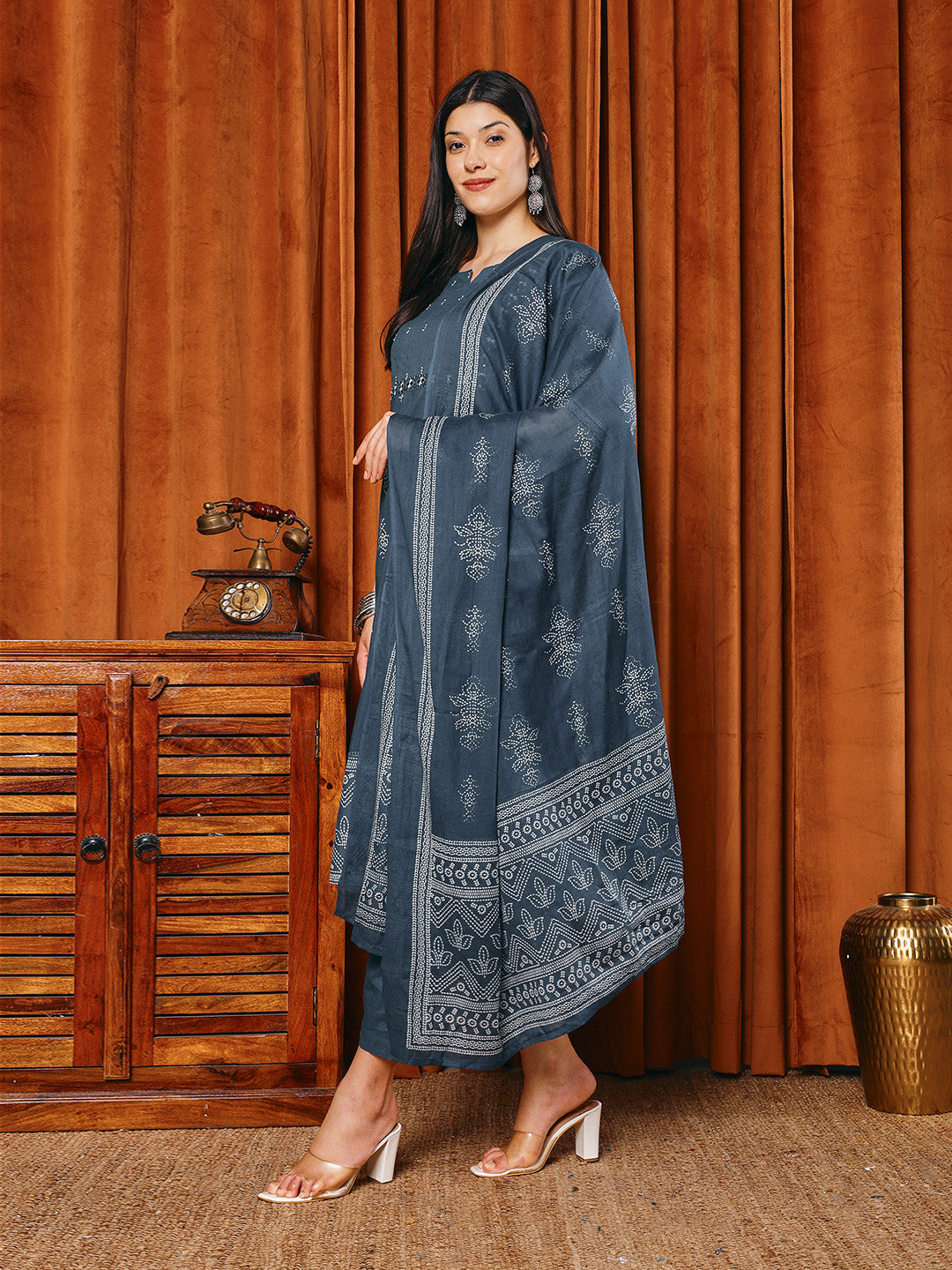 Printed Cotton Blend Kurta With Pants & Dupatta