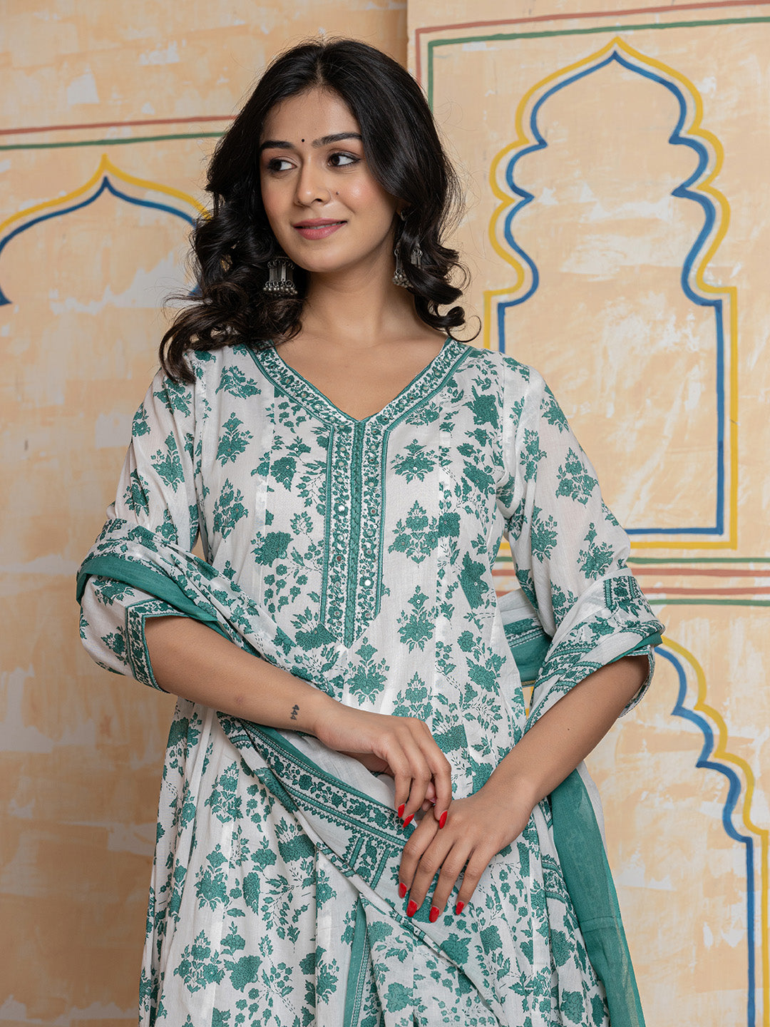 Printed Cotton Blend Kurta With Pants & Dupatta