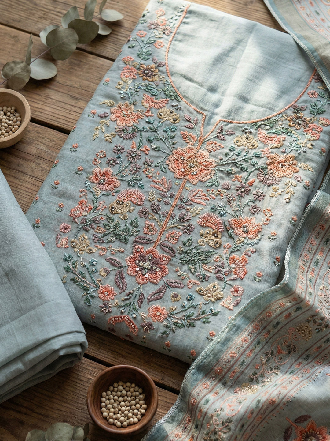 Embroidered Cotton Blend Unstitched Suit With Pant &amp; Dupatta