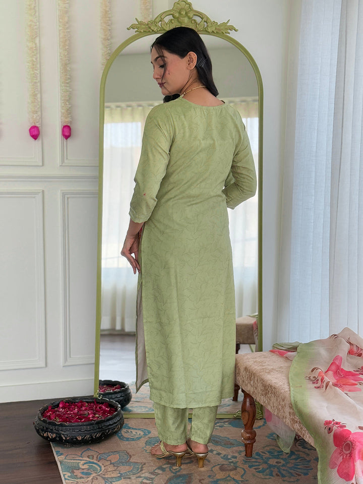Printed Embroidery Cotton Blend Kurta With Pants &amp; Dupatta