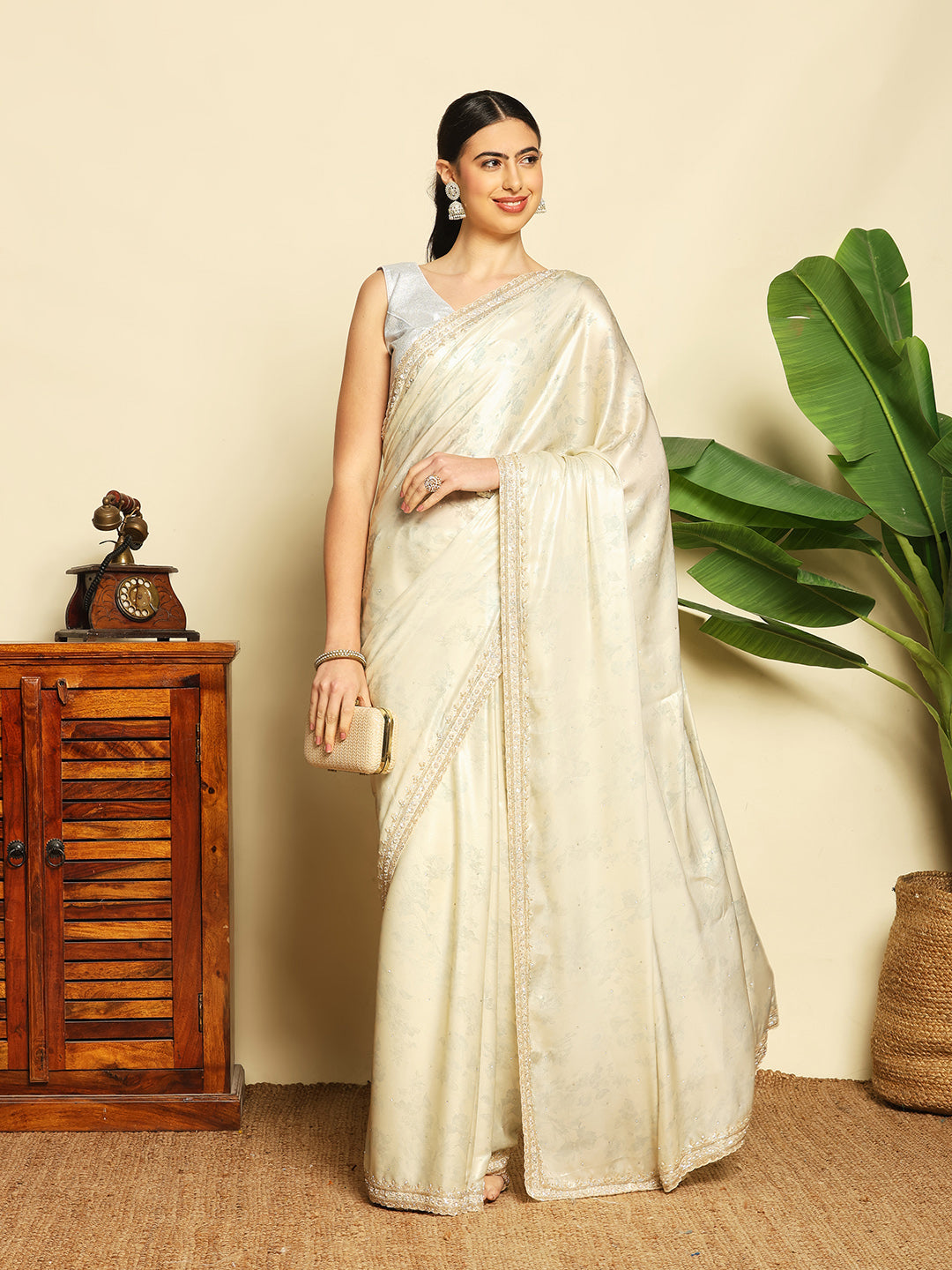 Floral Printed &amp; Embellished Work Tissue Saree