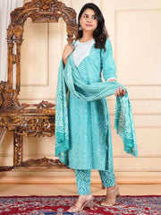 Neck Embroidery Cotton Blend Kurta With Pants & Dupatta