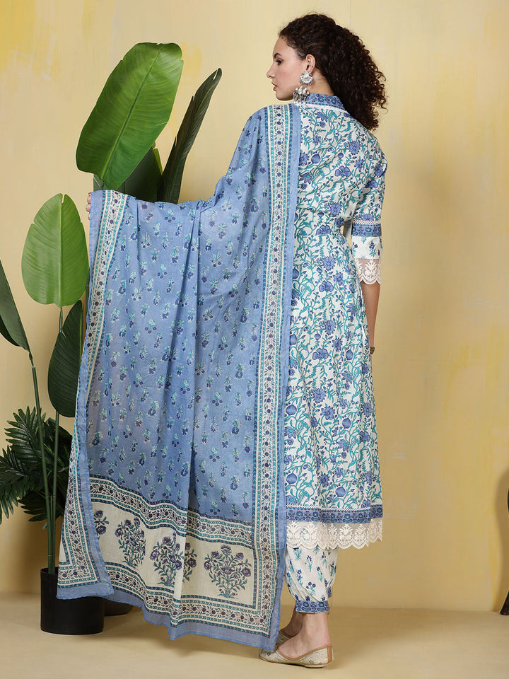 Printed Cotton Blend Kurta With Pants &amp; Dupatta
