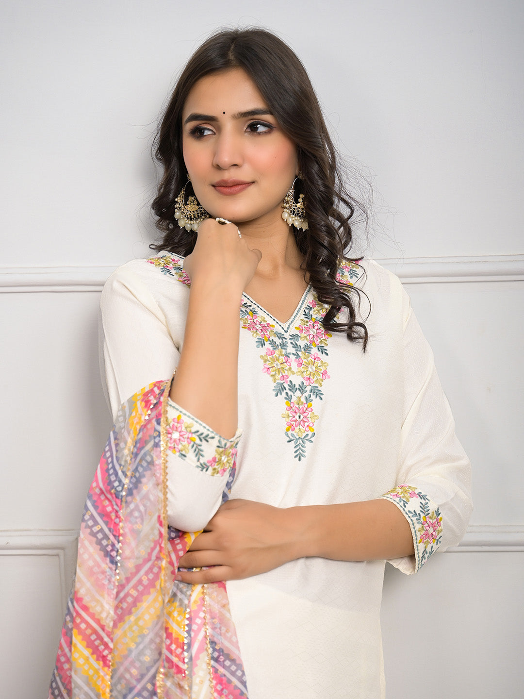 Neck Embroidered Cotton Blend Kurta With Pants &amp; Dupatta