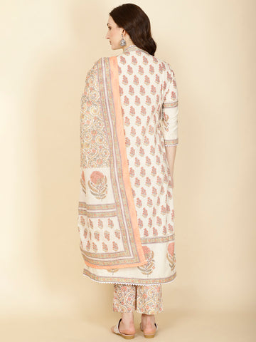 Floral Block Printed Cotton Kurta With Pants & Dupatta