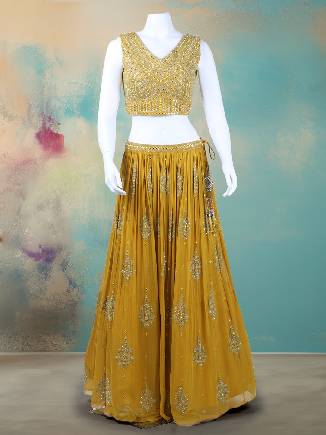 Resham Mirror Work Georgette Choli With Lehenga & Dupatta