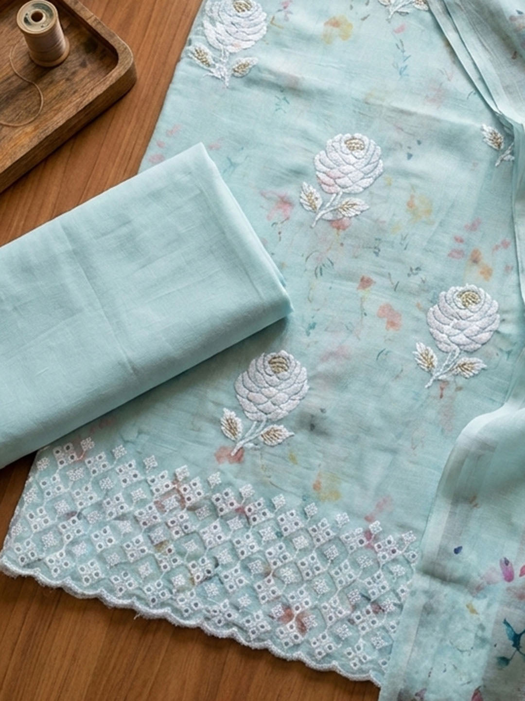 Embroidered Cotton Blend Unstitched Suit With Pant &amp; Dupatta