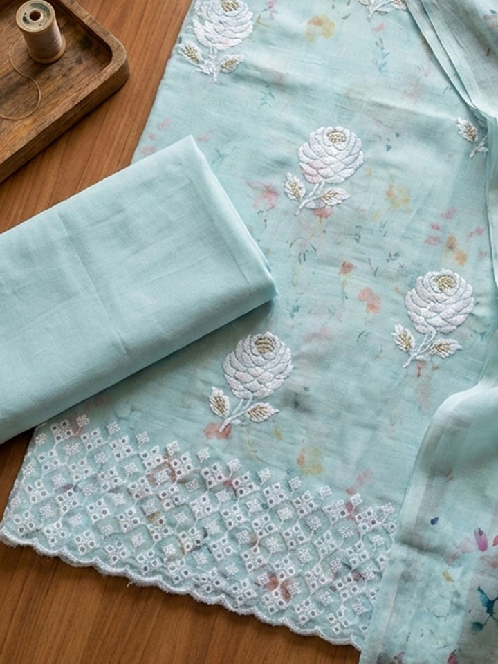 Embroidered Cotton Blend Unstitched Suit With Pant &amp; Dupatta
