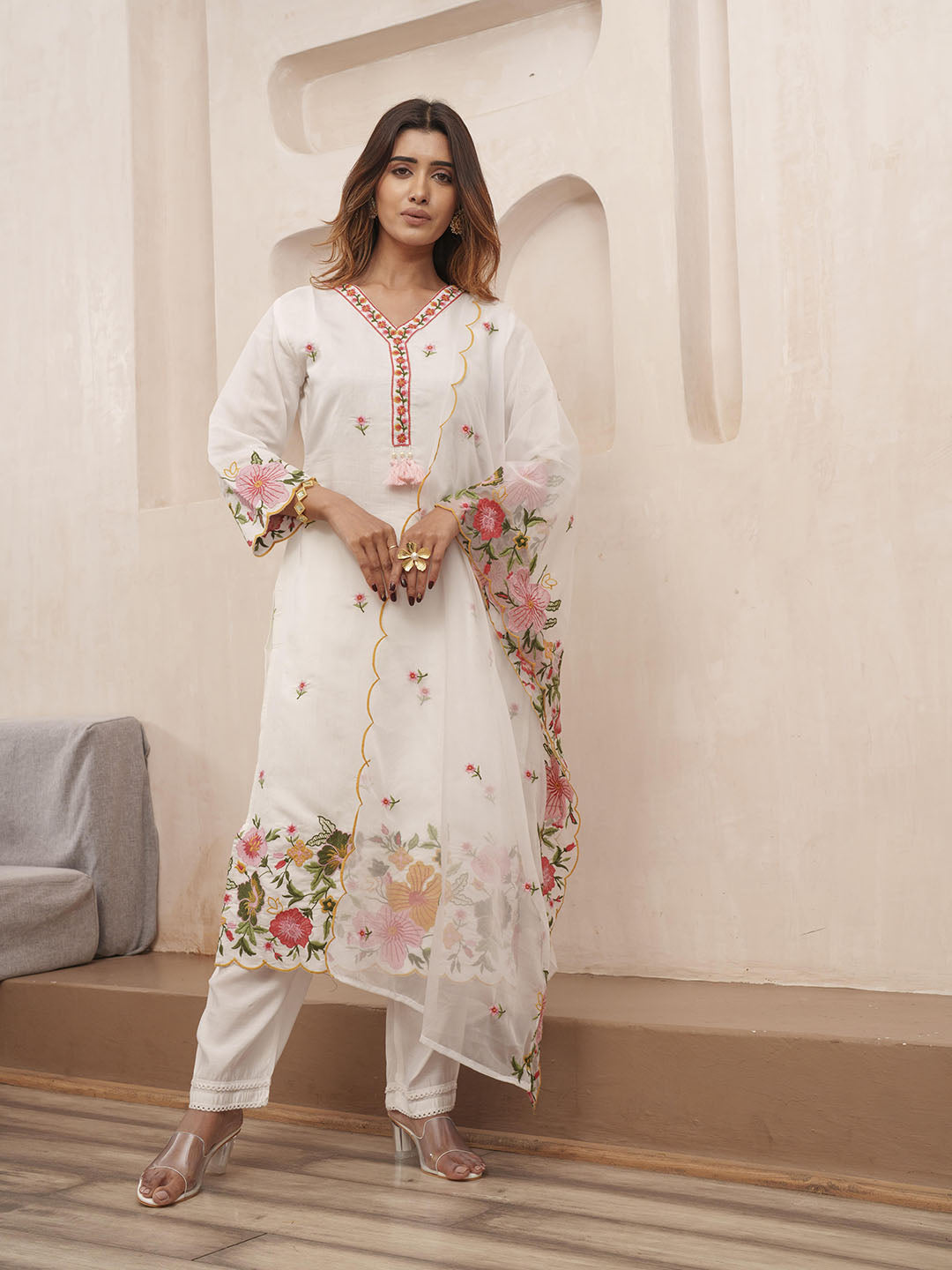 Embroidered Cotton Blend Kurta With Pants &amp; Dupatta