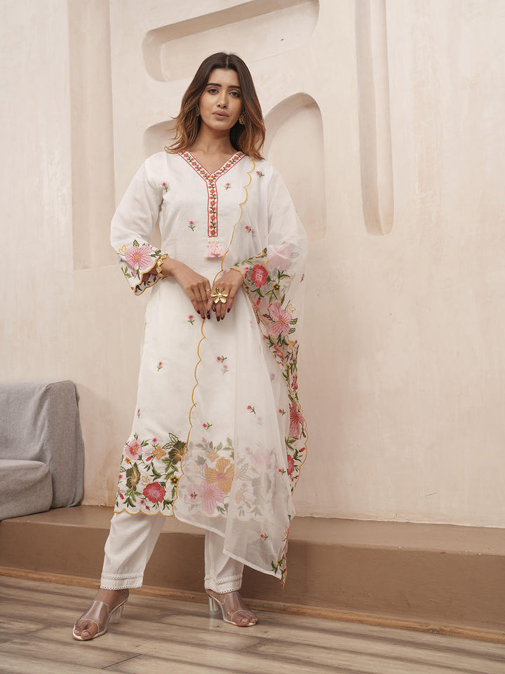 Embroidered Cotton Blend Kurta With Pants &amp; Dupatta