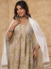 Printed Cotton Kurta With Pants & Dupatta