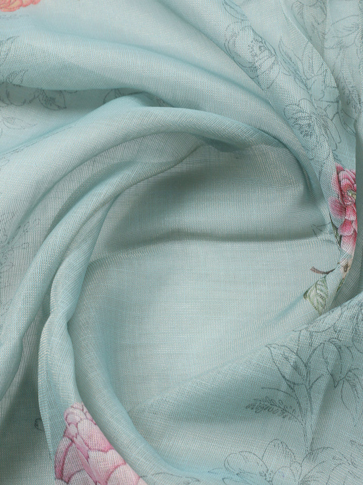 Printed Linen Blend Unstitched Suit With Pant &amp; Dupatta
