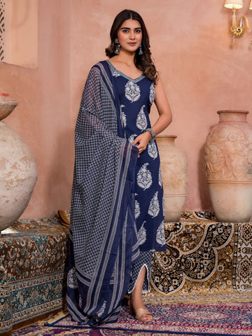 Printed Cotton Kurta With Pants & Dupatta