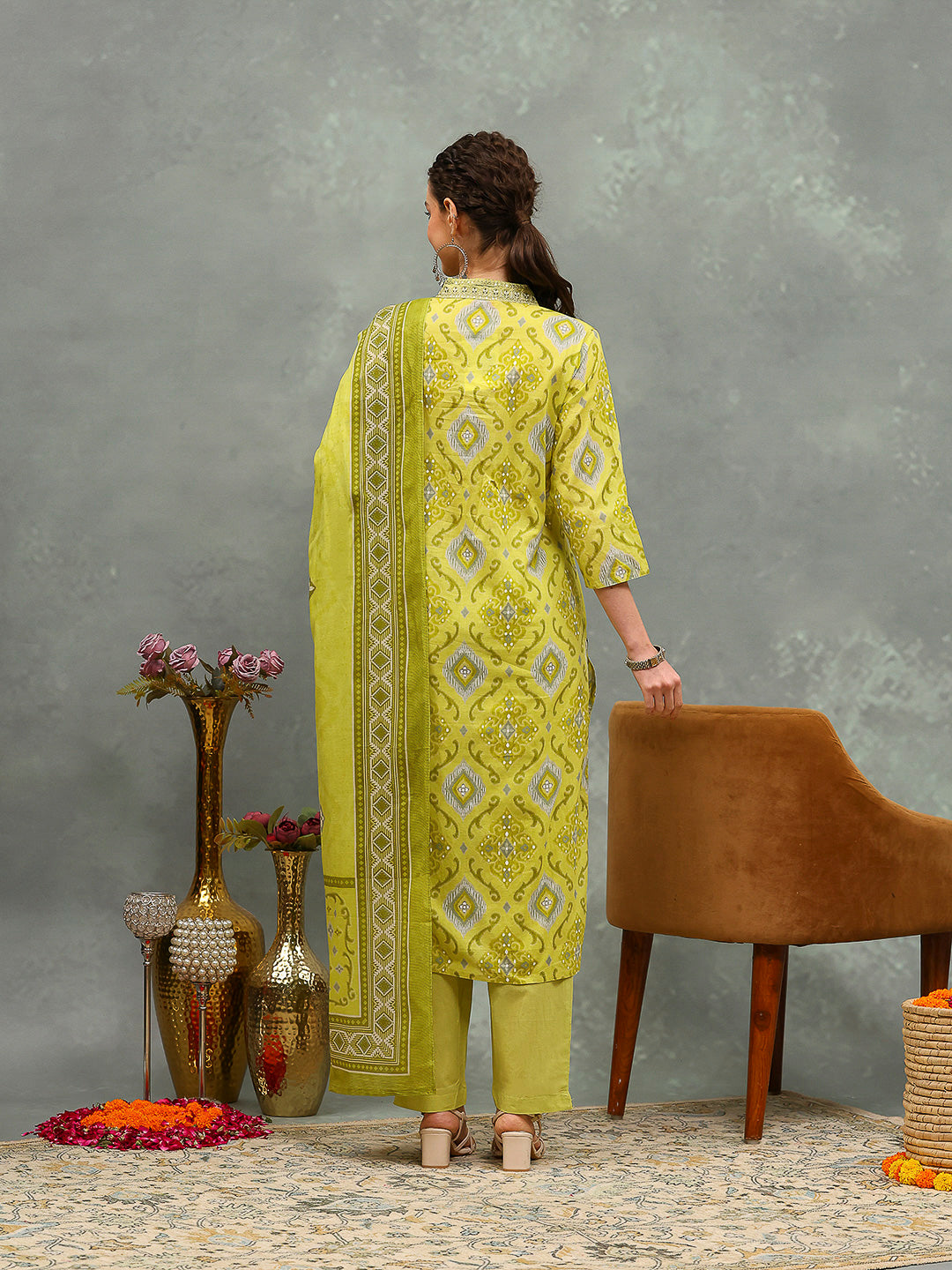 Printed Cotton Blend Kurta With Pants &amp; Dupatta