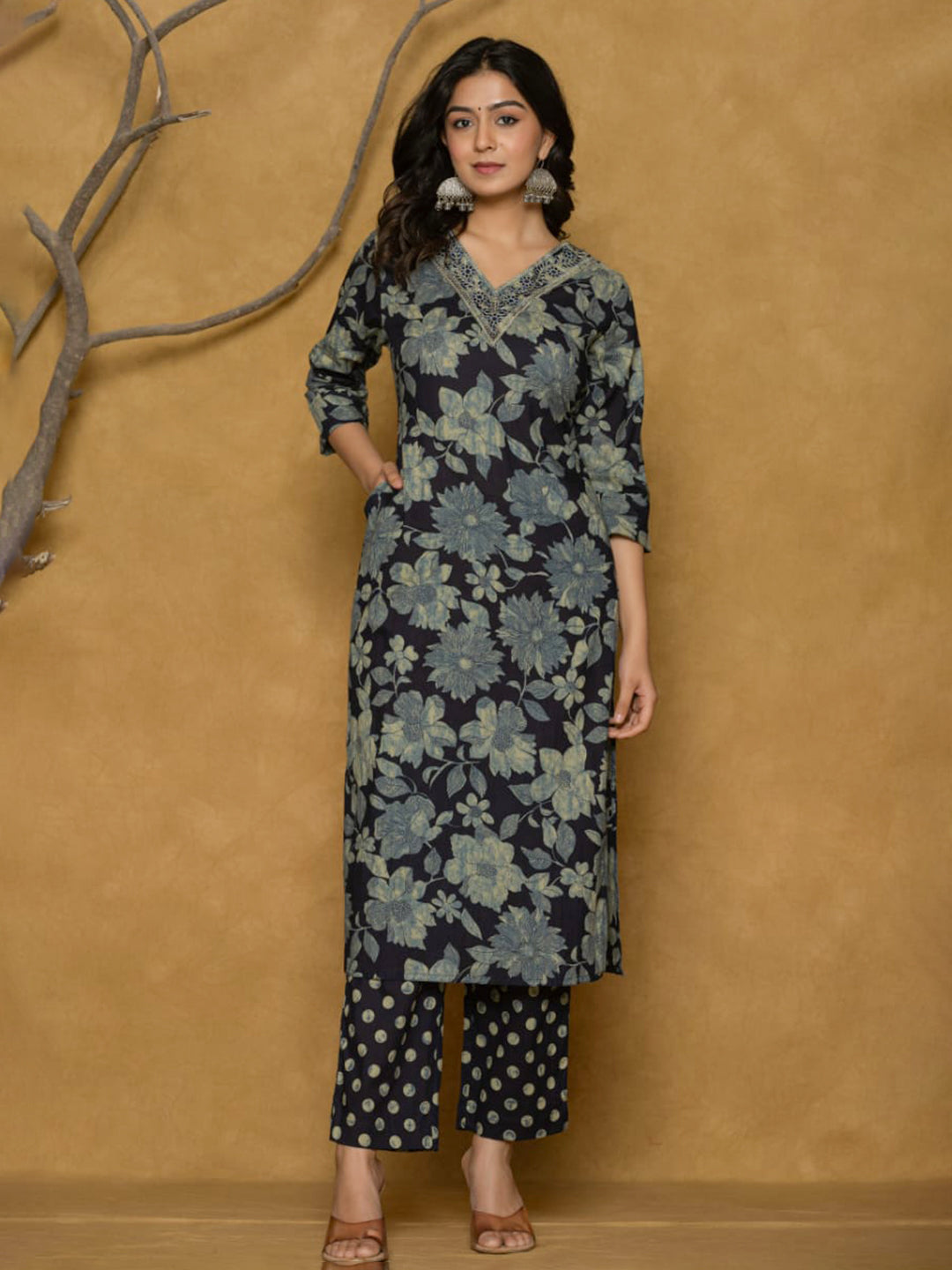 Printed Cotton Blend Kurta With Pants & Dupatta